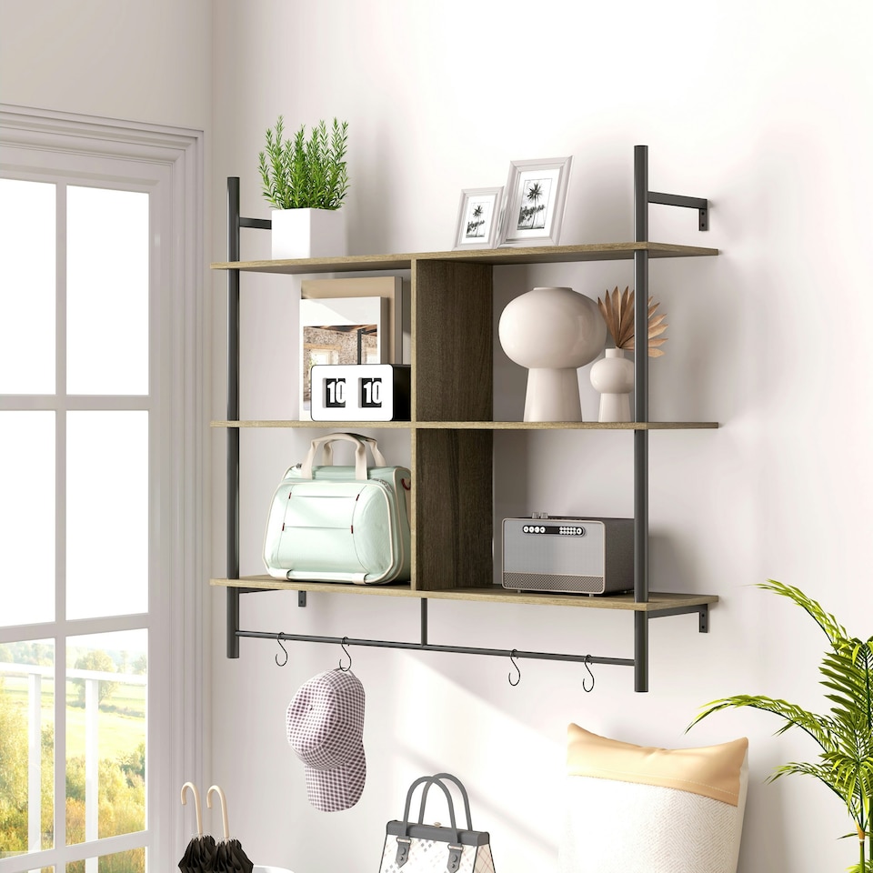 image 1 of HOMCOM Wall Shelf Unit with 4 Hooks for Living Room Grey Wood Effect