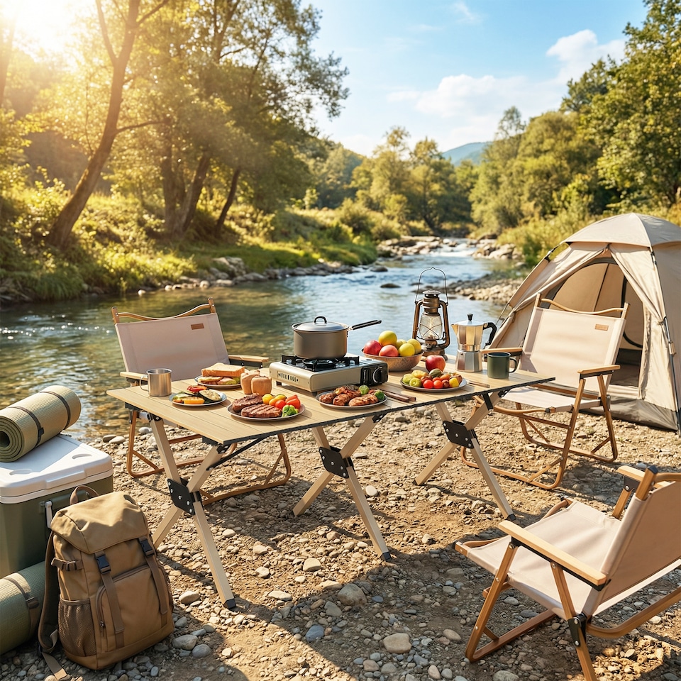 image 1 of Outsunny 4ft Folding Camping Table, Picnic Table with Roll Up Top, Brown | Brown | Dark Brown | 116 x 59 x 43 cm
