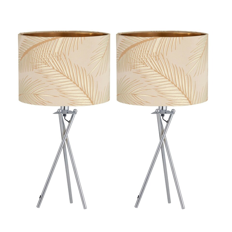 image 1 of First Choice Lighting Set of 2 Tropica Chrome Tripod Table Lamps with Champagne and Gold Leaf Embossed Shade Chrome | Gold