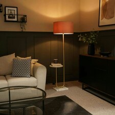 ValueLights Tavel Brushed Gold Floor Lamp with Large Pink Drum Shade and LED Bulb