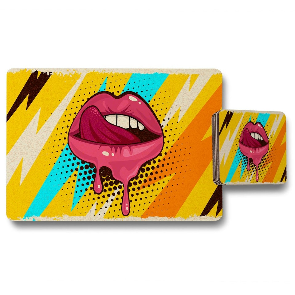 image 1 of Pink, red lips, mouth and tongue icon on pop art retro vintage colorful background (Placemat & Coaster Set)