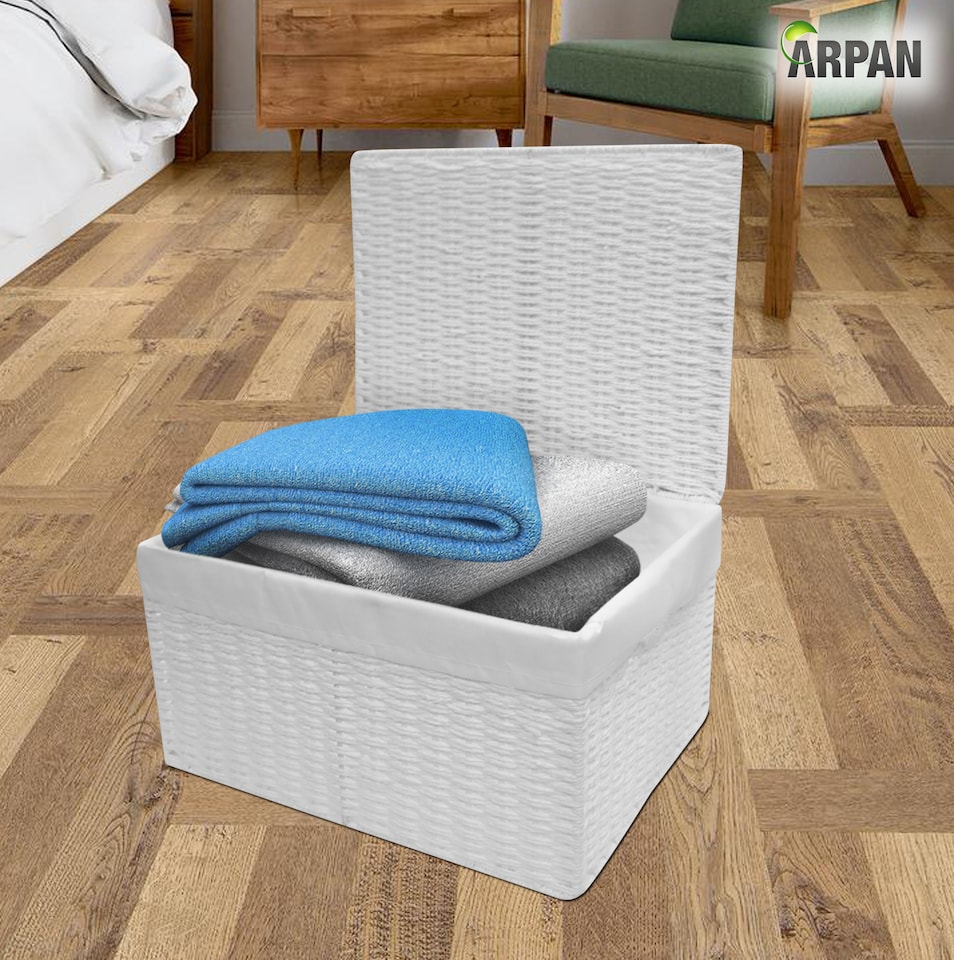 image 1 of White Paper Rope Woven Storage Xmas Hamper Basket Box with White Cloth Lining – Decorative Gift Basket for Christmas, Weddings, Parties & Home Storage