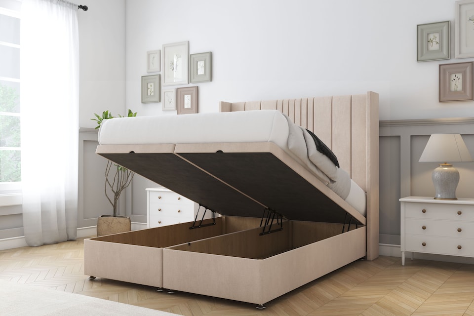 image 1 of Sloomy Hargrave Sand Naples Ottoman Bed With Mattress With 54" Wingback Headboard 4' Small Double