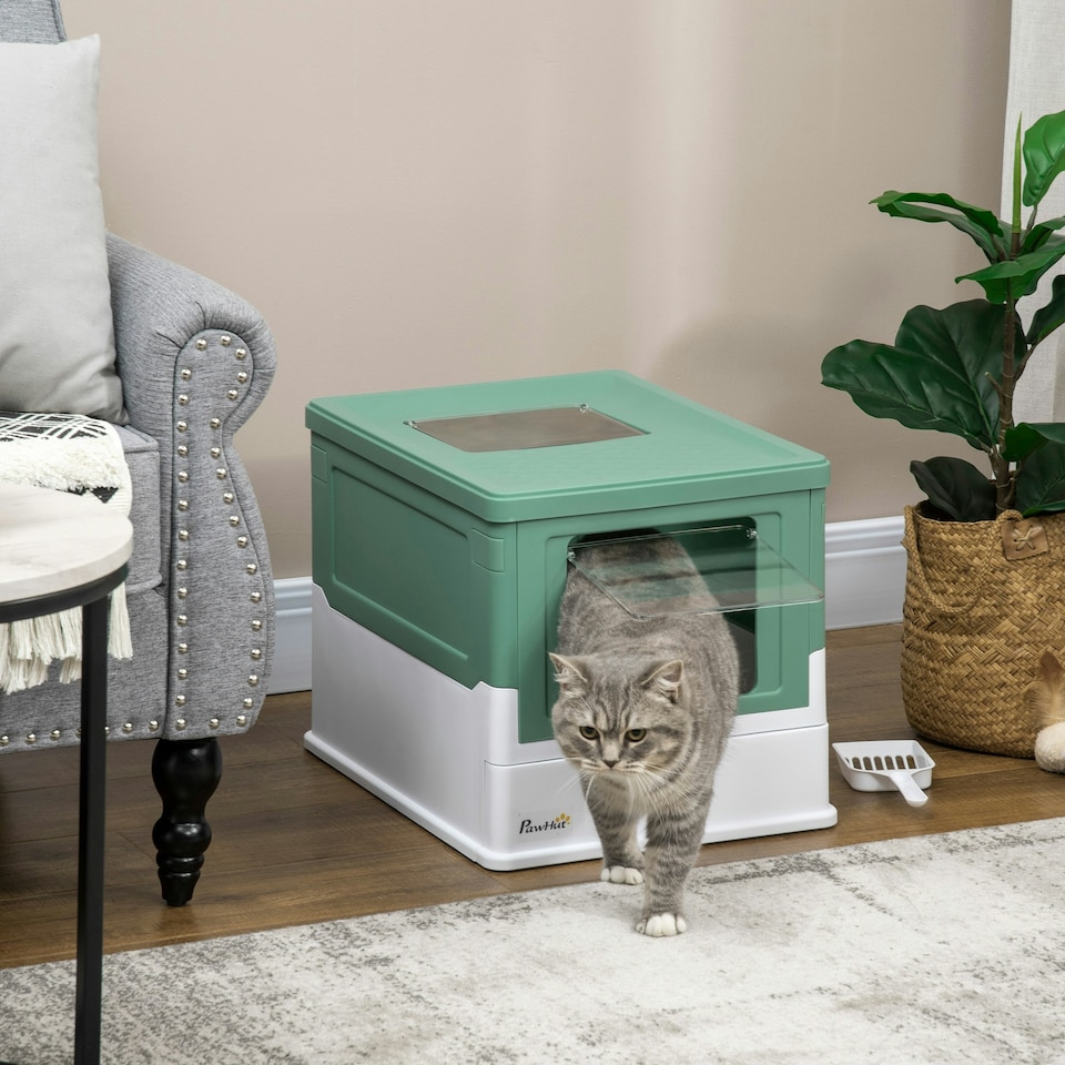 image 1 of PawHut Hooded Cat Litter Box, Pet Toilet w/ Scoop, Tray - Green