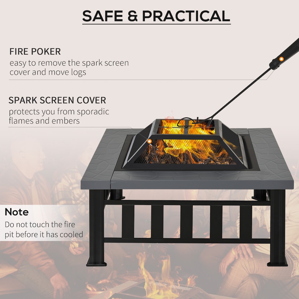 image 1 of Outsunny Fire Pit Heater Square Table Patio Metal Black 86 cm Outdoor | Black | Black