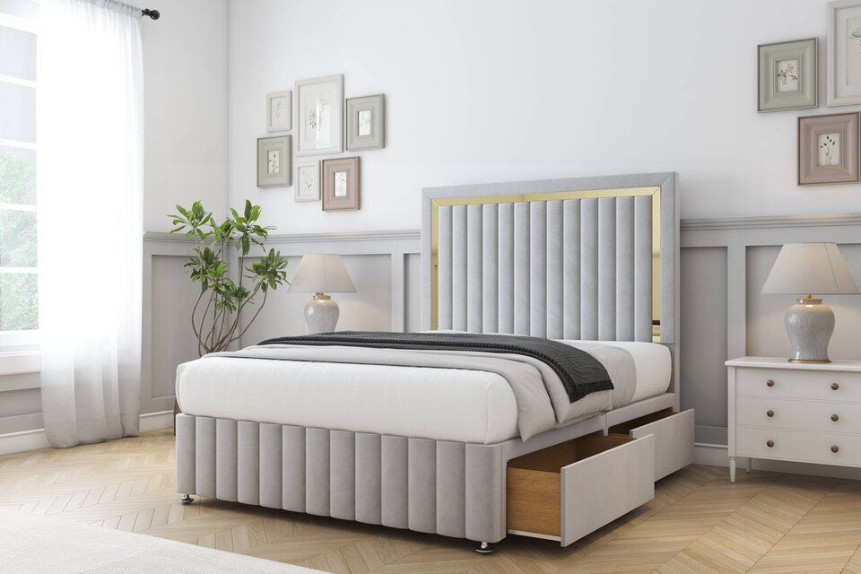 image 1 of Sloomy Boston Gold Silver Plush Divan Bed With Mattress 2 Drawers Left Side With 54" Floor Standing Headboard & 12" Matching Footboard 4'6 Double | Silver | Silver | Double | 1
