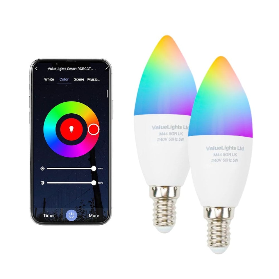 image 1 of ValueLights 2 Pack Light Bulb Dimmable E14 White Plastic Candle LED SMART 5W Multicolour 6500K 450lm Light Bulb