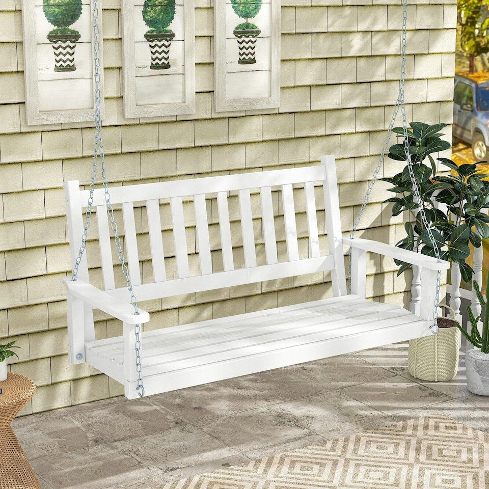 image 1 of COSTWAY 2-Person Porch Hanging Swing Chair Bench w/Back White | White