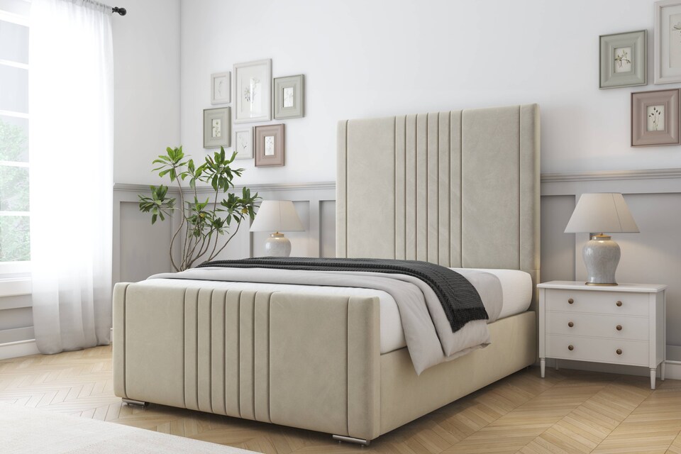 image 1 of Sloomy Harrington Cream Plush Bed Frame With 50" Upholstered Headboard 3' Single