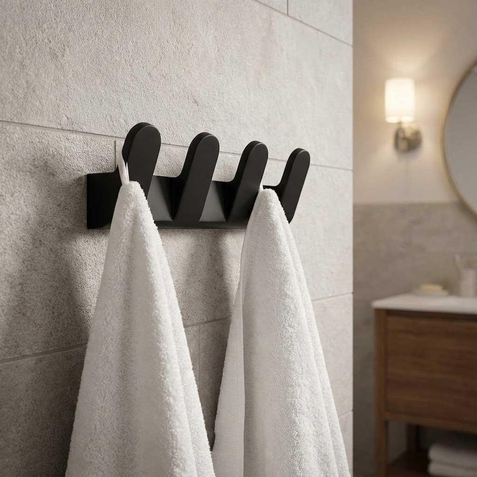 image 1 of 4-Hook Quad Hanger Wall Dressing-Gown Towel Bathroom Black Powder Coated Zamak