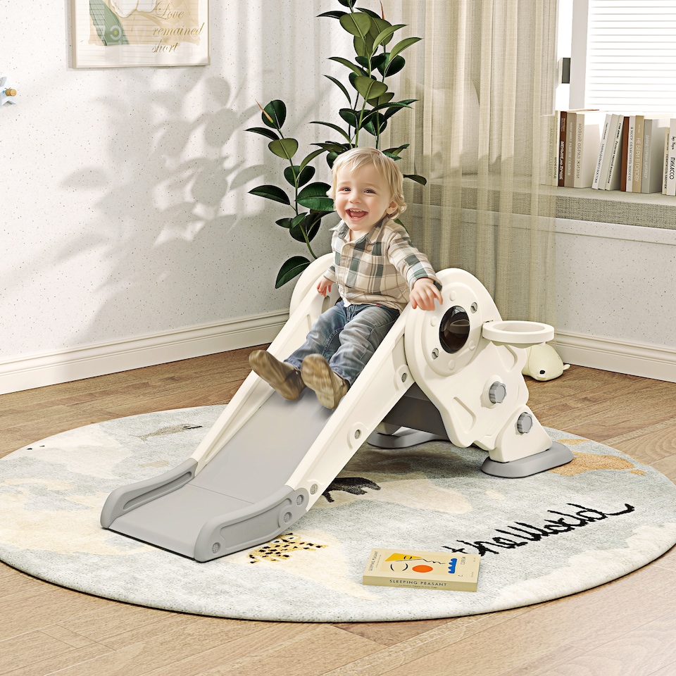 image 1 of AIYAPLAY 3-in-1 Kids Slide with Basketball Hoop, Climber, Cream White