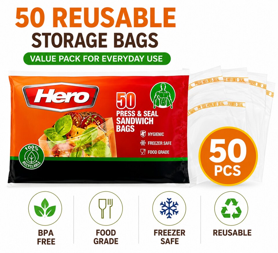 image 1 of Hero Reusable Press Seal Freezer Bags - Pack of 50 BPA Free Food Storage Bags for Sandwiches, Fruit, Meat, Vegetables & Freezer Storage