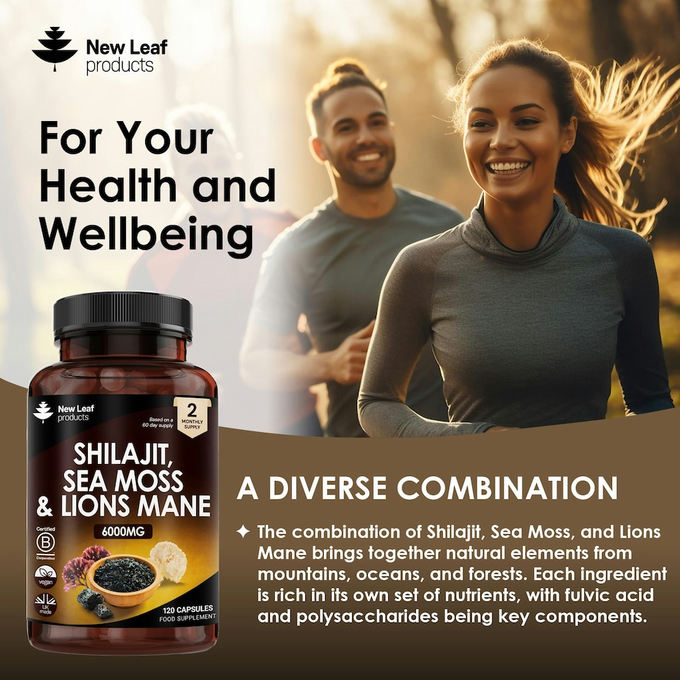 image 1 of Shilajit, Sea Moss & Lion's Mane Capsules - Mood & Anxiety Support - Vegan 120 Capsules
