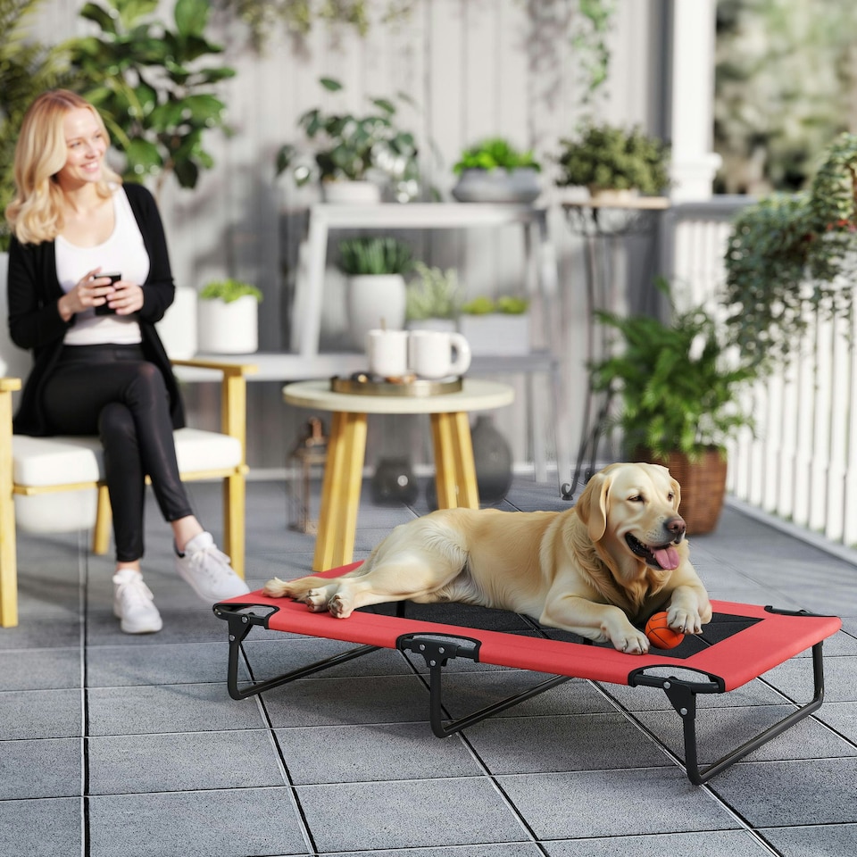 image 1 of PawHut Raised Dog Bed with Breathable Mesh for Large Dogs | Red | L