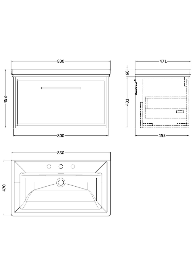 image 1 of Balterley Modern Bathroom Wall Hung Single Drawer Vanity Unit with Fireclay Basin - 3 Tap Holes | Grey | Pebble Grey | 498 x 830 x 471mm