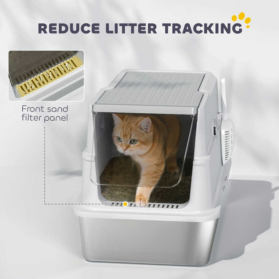 image 1 of PawHut Extra Large Stainless Steel Cat Litter Tray with Scoop, Flip Top Grey