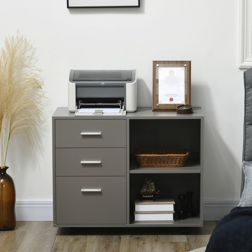 image 1 of HOMCOM Freestanding Printer Stand Unit Office Desk Side Mobile Storage w  Wheels 3 Drawers, 2 Open Shelves Modern Style 80L x 40W x 65H cm - Grey