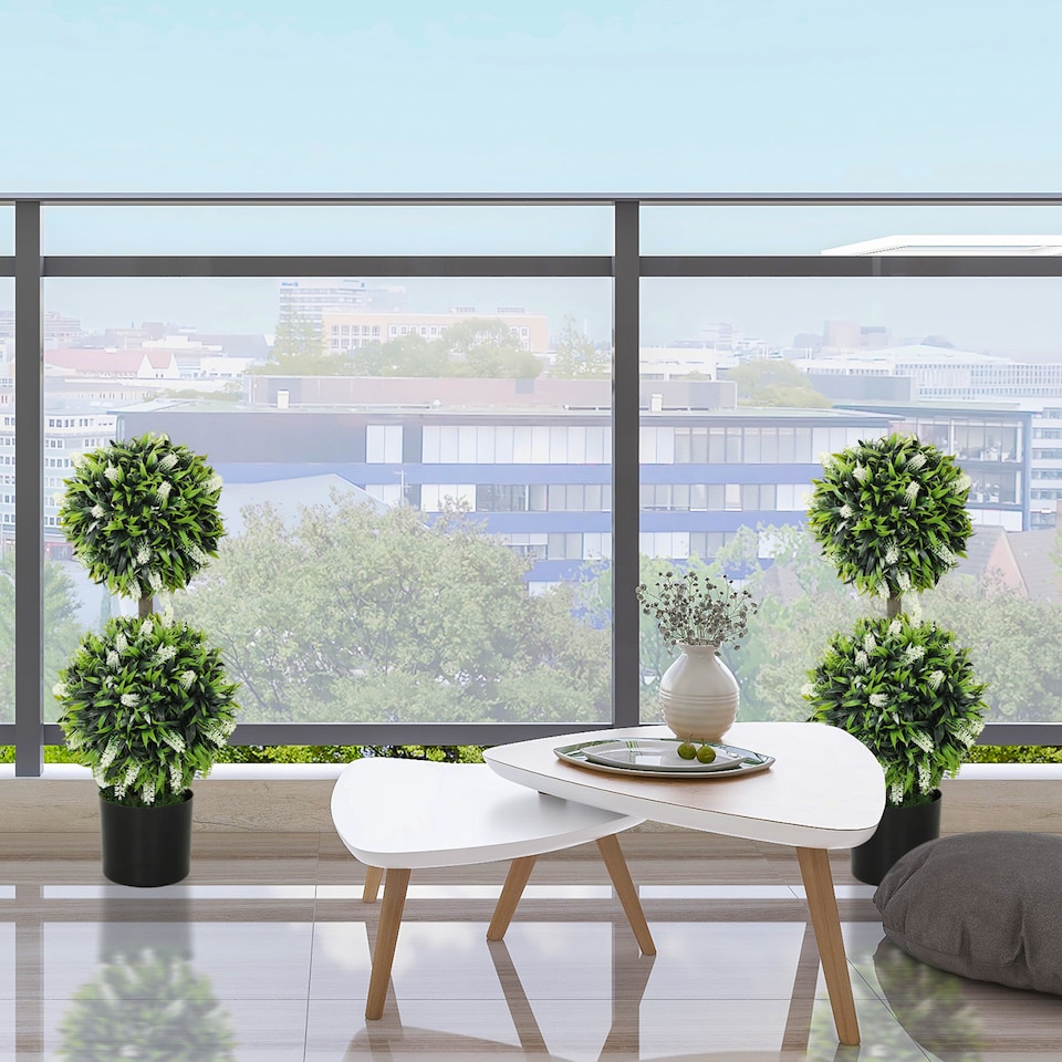 image 1 of HOMCOM Set of 2 Decorative Artificial Plants Ball Trees with Lavender Flowers in Pot Fake Plants for Home Indoor Outdoor Decor, 70cm, White