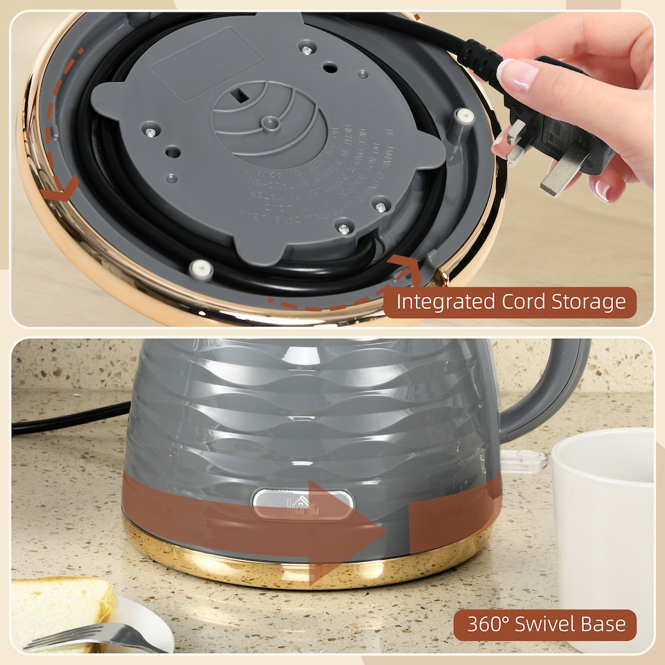 image 1 of HOMCOM Electric Kettle 1.7L, Fast Boil, 3kW Cordless Water Kettle with Removable Washable Anti-scale Filter, UK Otter Thermostat, Auto Shut-off, 360° Swivel, BPA Free, Grey Water Ripple Texture