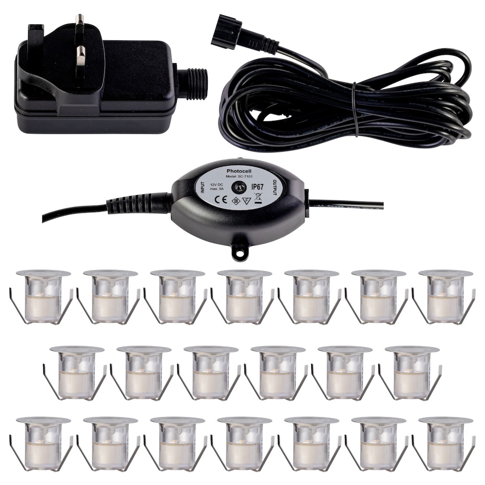 image 1 of Set of 20 - 30mm IP67 Cool White LED Decking Kit with Photocell