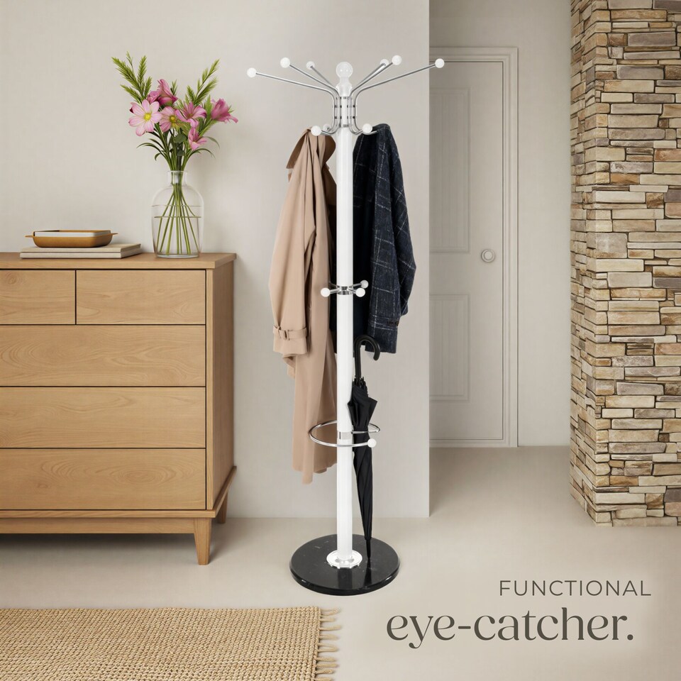 image 1 of Coat Stand - 16 hooks, with umbrella and bag holder | White | white | One Size | 1
