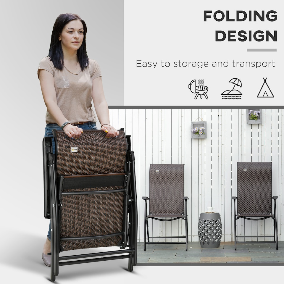 image 1 of Outsunny Set of 2 Outdoor Wicker Folding Chairs, Patio PE Rattan Dining Armrests Chair set with 7 Levels Adjustable Backrest, for Outdoors, Camping, Brown
