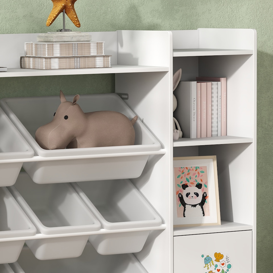 image 1 of AIYAPLAY Kids Bookshelf and Toy Storage Organiser with 8 Removable Storage Bins, Toy Organisers with Bookshelf for Playroom, Nursery, Kids Room, White