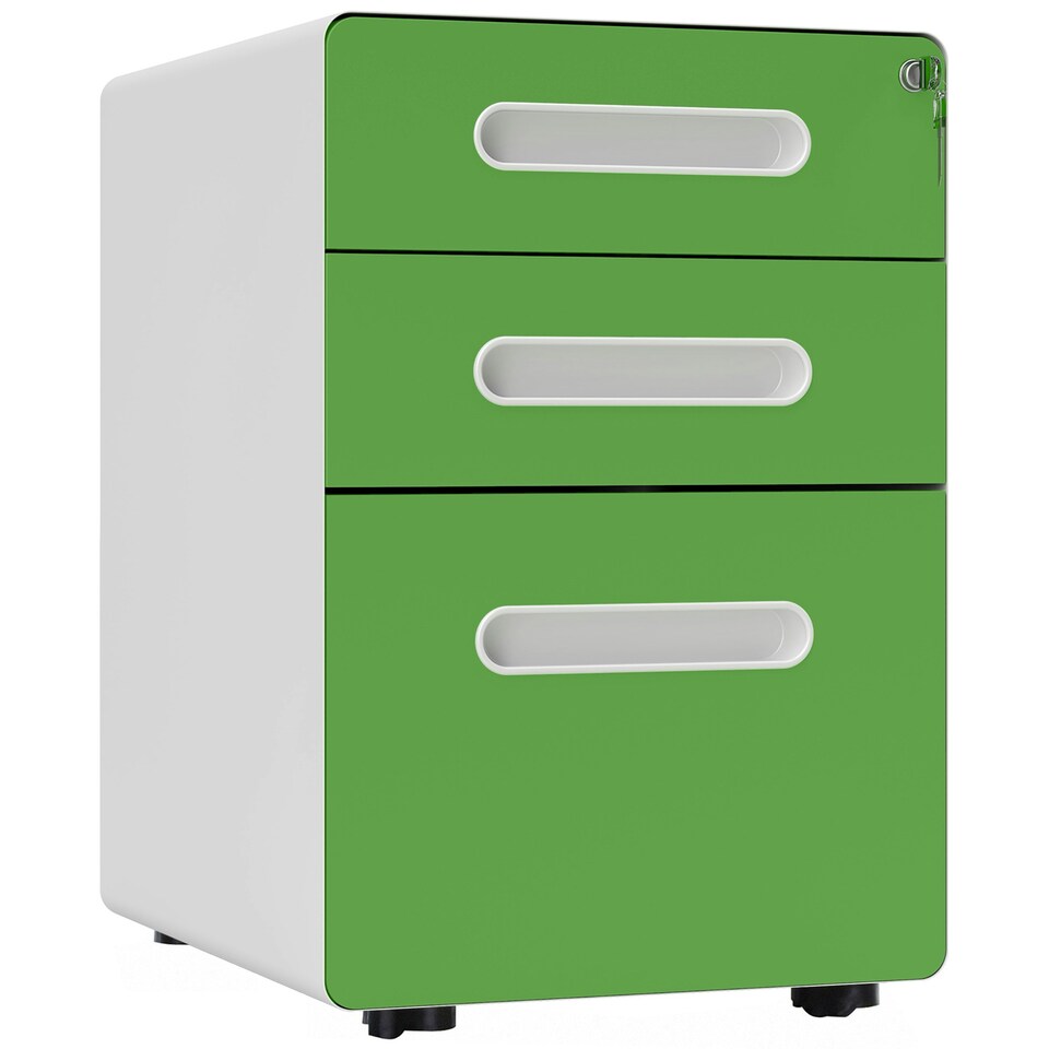 image 1 of Vinsetto 3 Drawer Modern Steel Filing Cabinet w/ 4 Wheels Lock Box Green