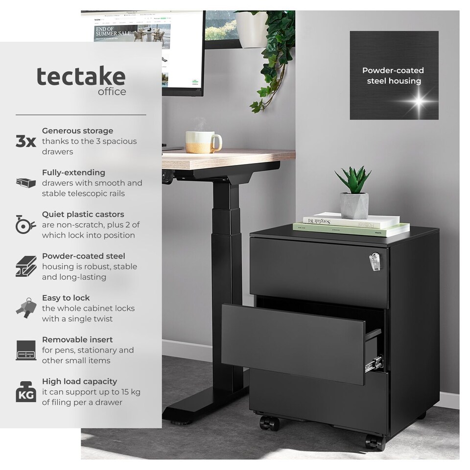 image 1 of Chest of Drawers Magna - 3 locking drawers, powder-coated steel, 39 x 45 x 55 cm | Black | black | 45 x 39 x 55 cm | 1