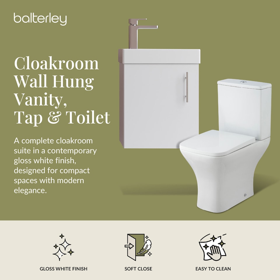 image 1 of Balterley Saint Cloakroom Set - Wall Hung Vanity Basin Unit, Toilet Pan, Cistern, Seat & Mini Basin Tap - Balterley | Green | Gloss White | 438.0000 x 400.0000 x 222.0000mm