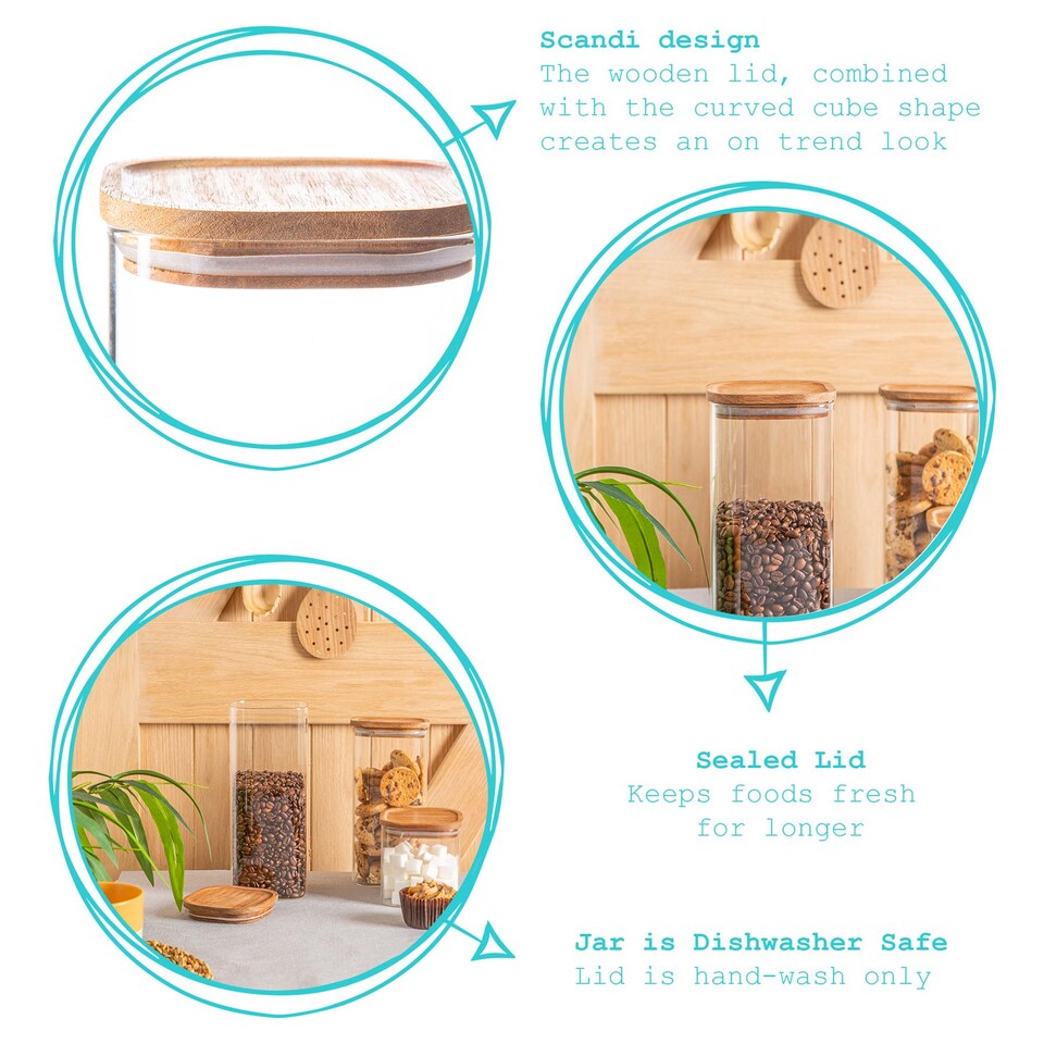 image 1 of Argon Tableware Square Glass Storage Jars with Wooden Lids - 1.9 Litre - Pack of 6