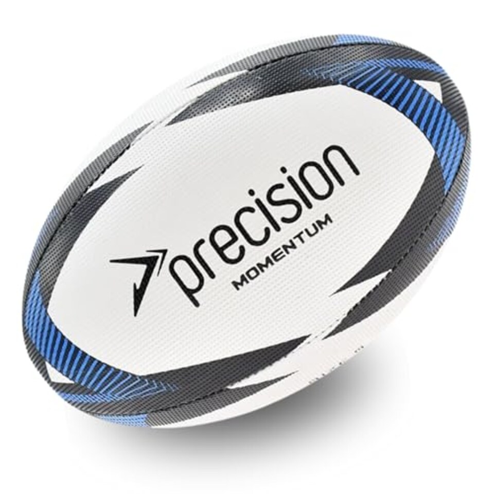 image 1 of Precision Momentum Rugby Training Ball, Premium Rubber, Hand-Stitched, All-Weather Grip, Extra Strong, Ideal For Clubs And Schools, White|Black|Blue, Size 5