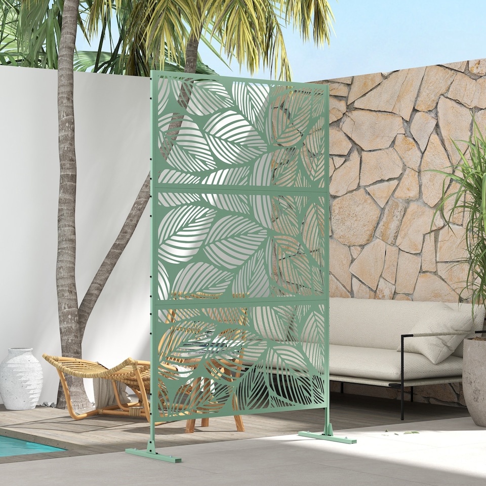 image 1 of Outsunny 6.5FT Metal Outdoor Privacy Screen Panel w/ Stand, Leaf Style | Green | Light green | 122 x 45 x 198 cm