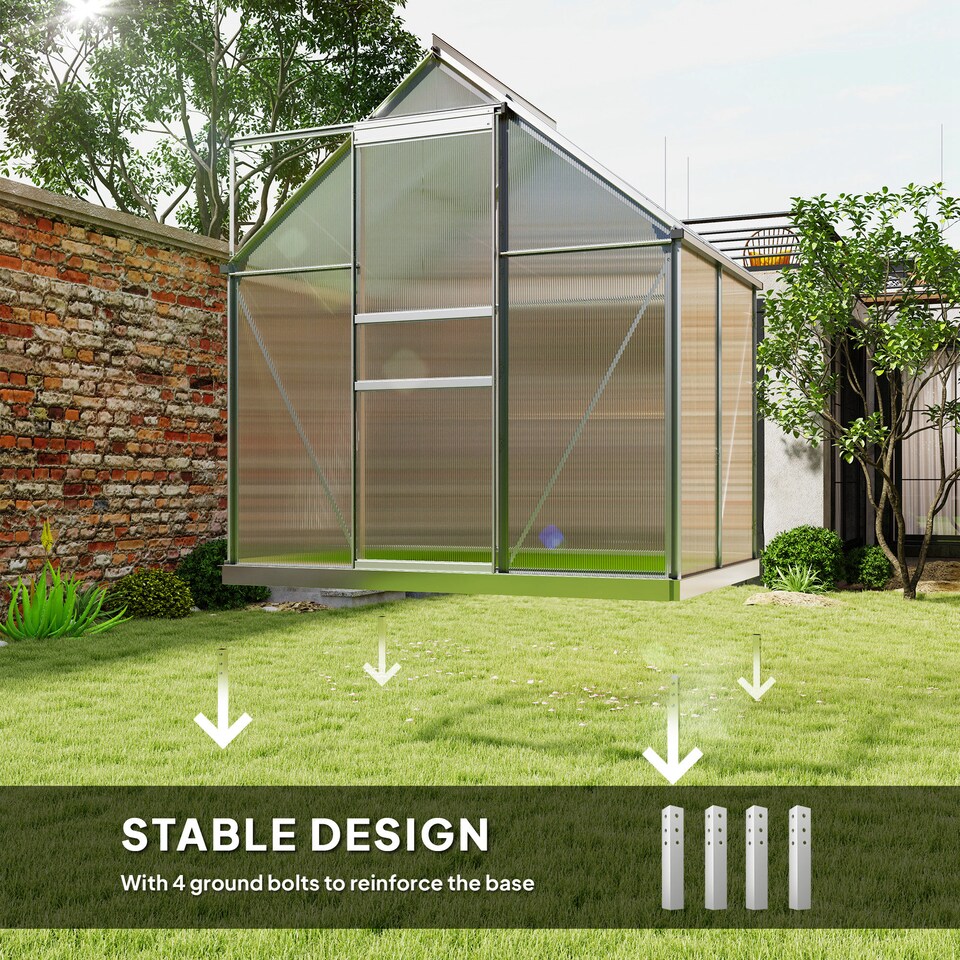 image 1 of Outsunny Polycarbonate Walk-in Garden Greenhouse w Sliding Door Silver Tone