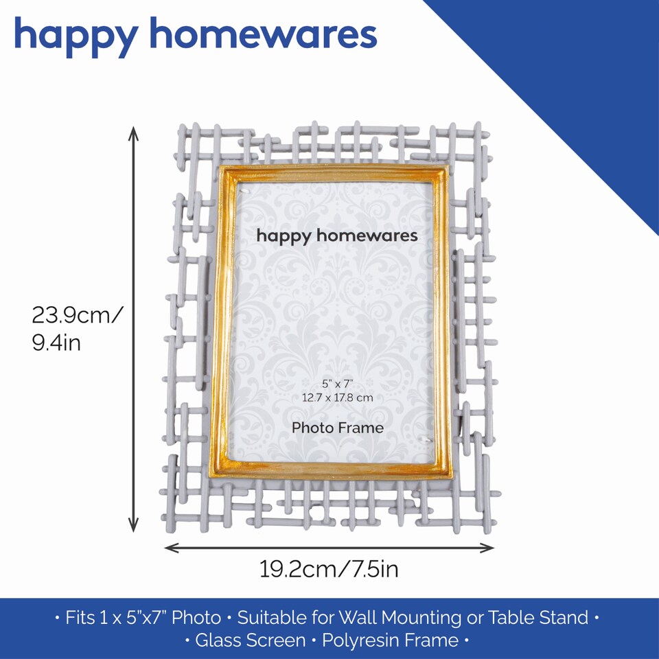 image 1 of Traditional Designer Hand Painted Grey and Brushed Gold Resin 5x7 Picture Frame | Grey | 5" x 7"
