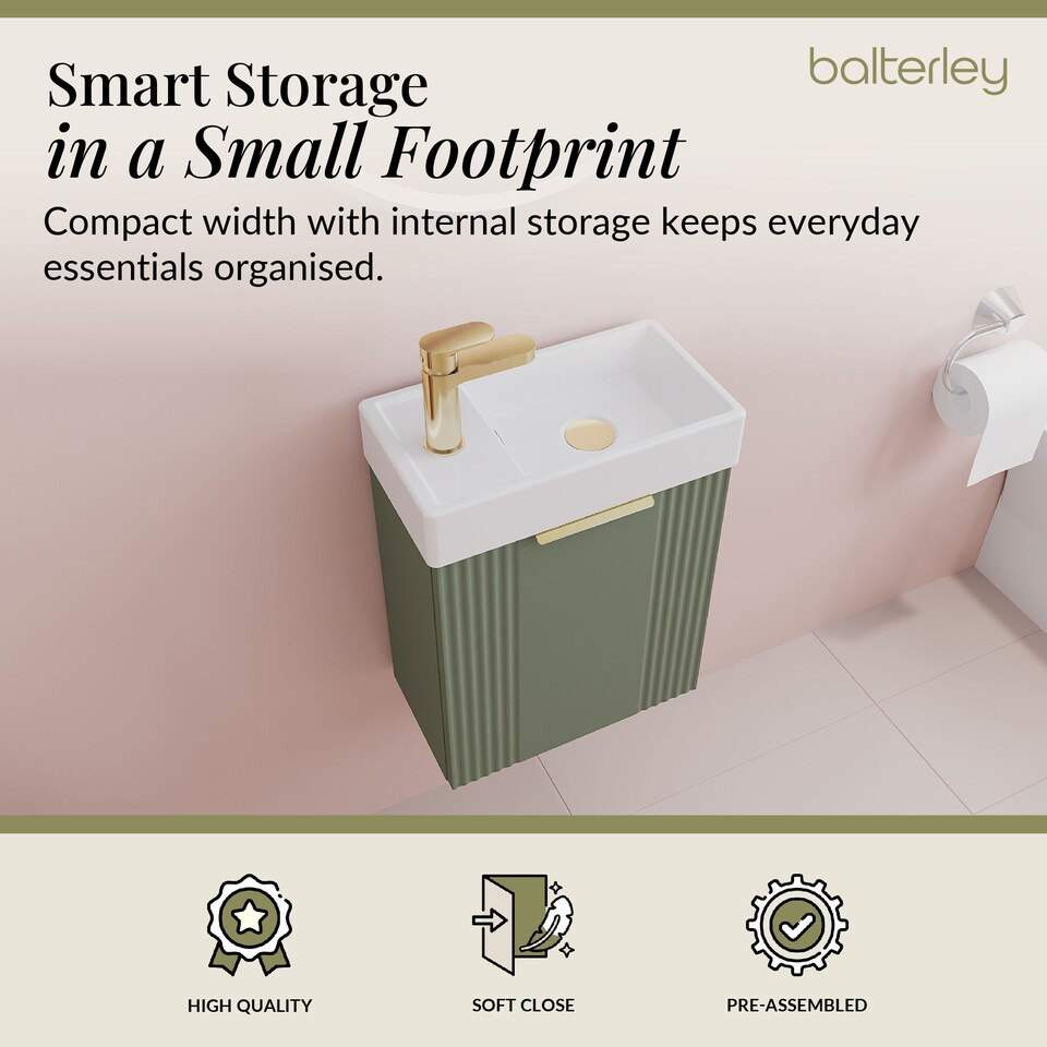 image 1 of Balterley Wall Hung Cloakroom Vanity Basin Unit with Handle Compact Bathroom Storage | Green | Satin Green | 438 x 400 x 222mm | 1