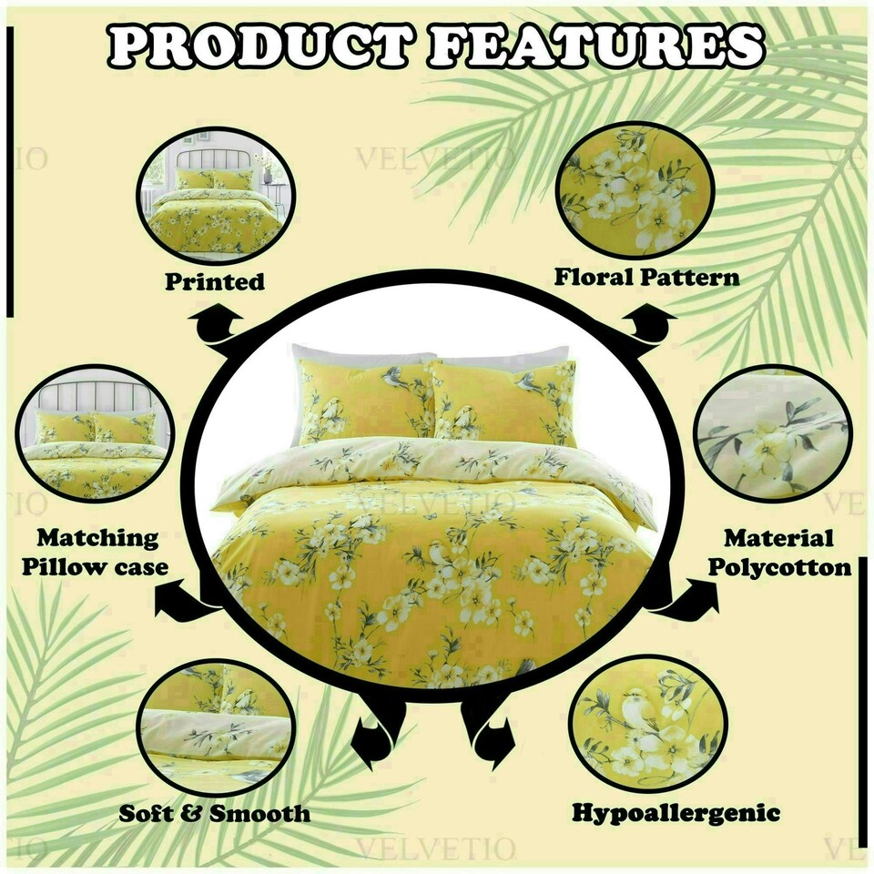 image 1 of VELVETIO Birdie Blossom Printed Duvet Cover Set Reversible Polycotton Beddings Yellow | Ochre | King