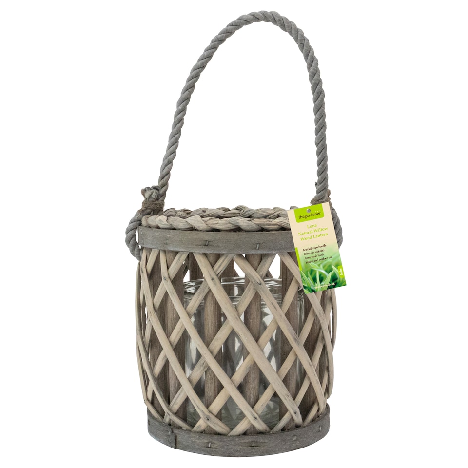 image 1 of JVL Luna Natural Willow Wood Lantern With Braided Rope Handle, Grey Wash