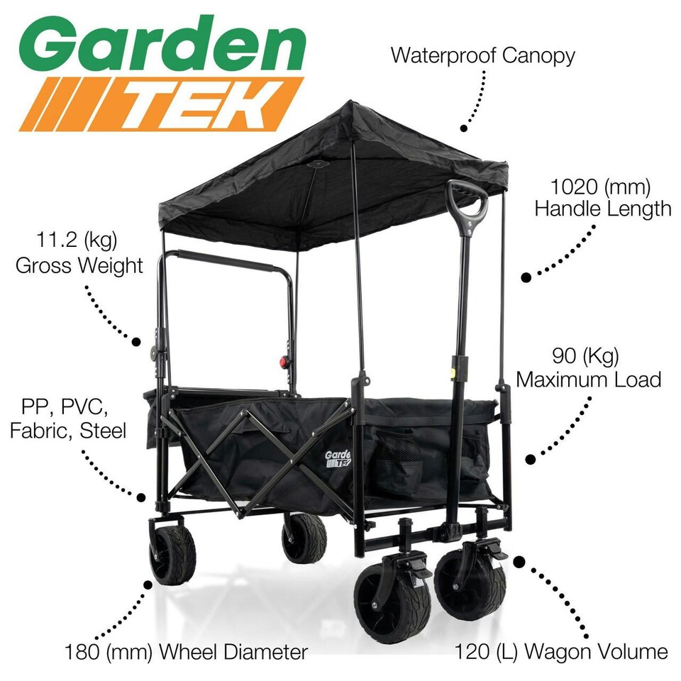 image 1 of GardenTek Garden Festival Trolley / Cart / Wagon with Wheels, Brakes, Canopy, Side Box, 90kg Load 120L Capacity | GTW330