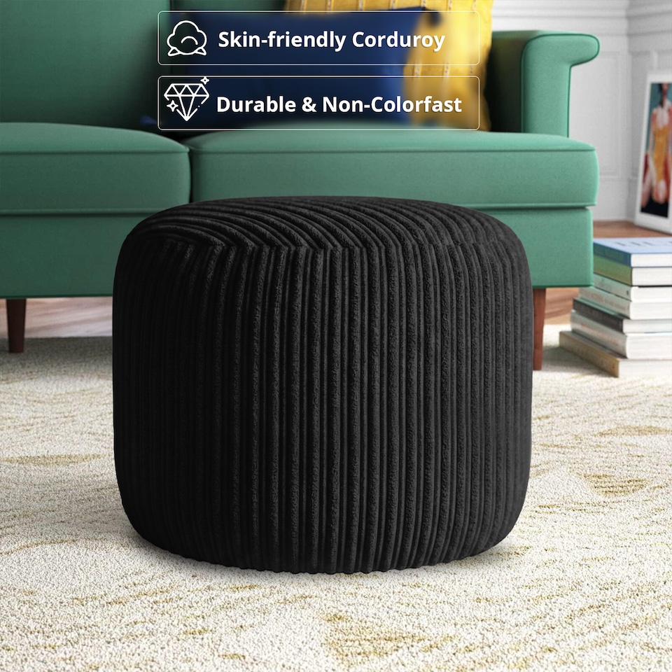 image 1 of Black  Jumbo Cord Footstool Oval Pouffe, Corduroy Ottoman Bean Bags 40cm x 35cm