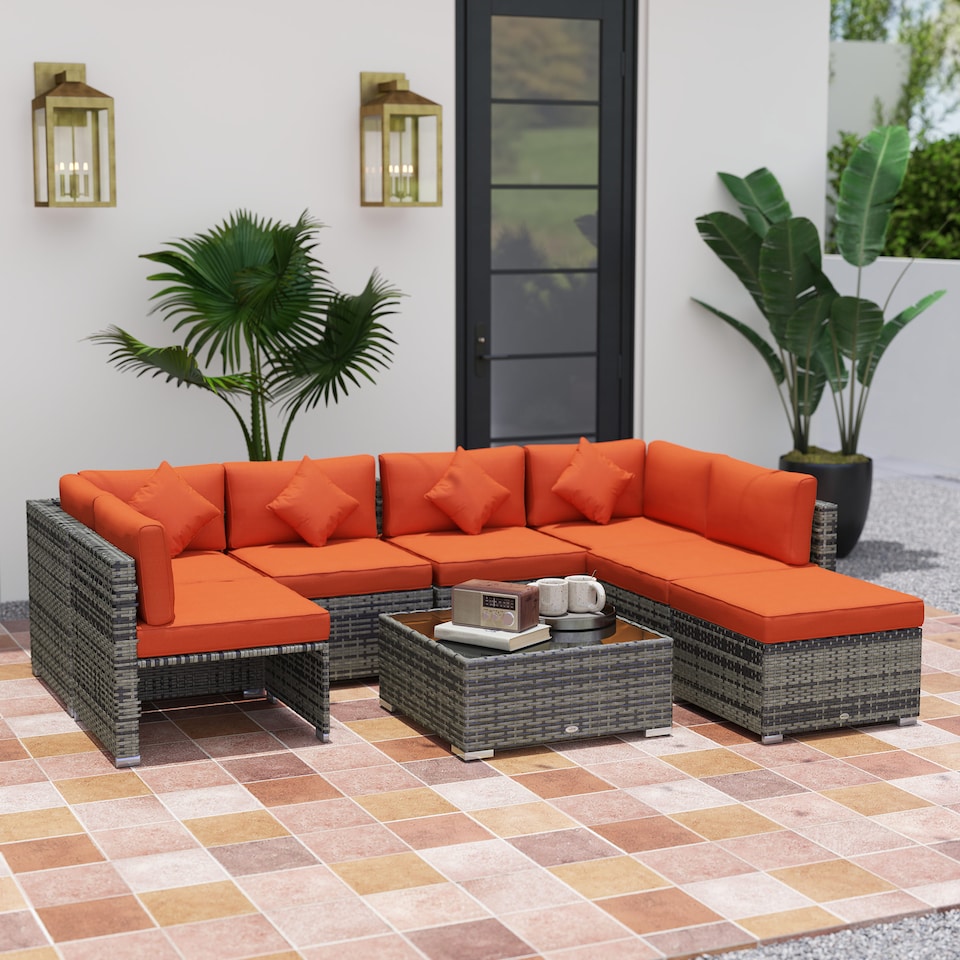 image 1 of Outsunny 8 Pieces PE Rattan Corner Sofa Set, Outdoor Garden Furniture Set, Patio Wicker Sofa Seater Cushion, Washable Cushion Cover & Tempered Glass Table, Orange