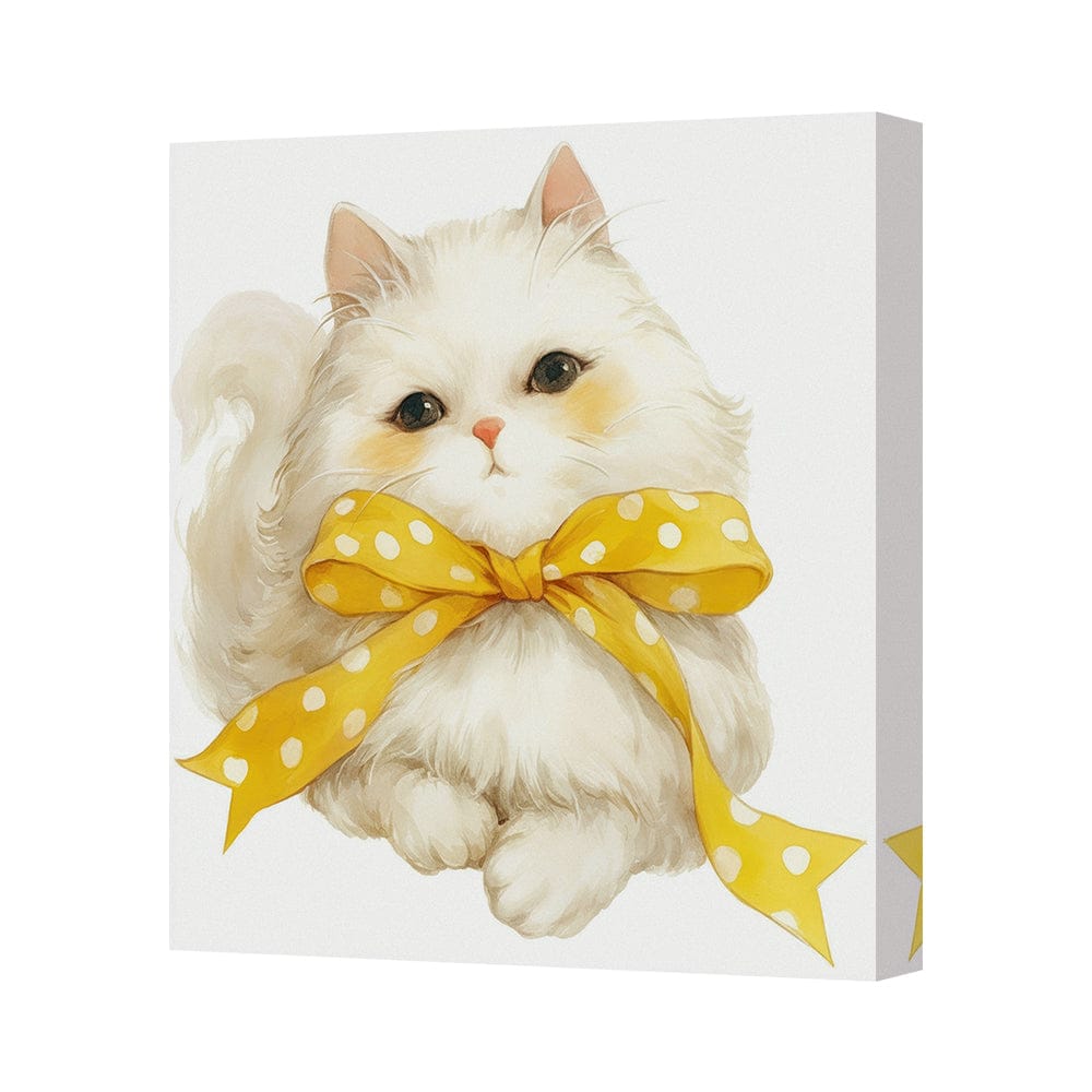 Whimsical White Cat Canvas Art Print With Yellow Polka Dot Bow