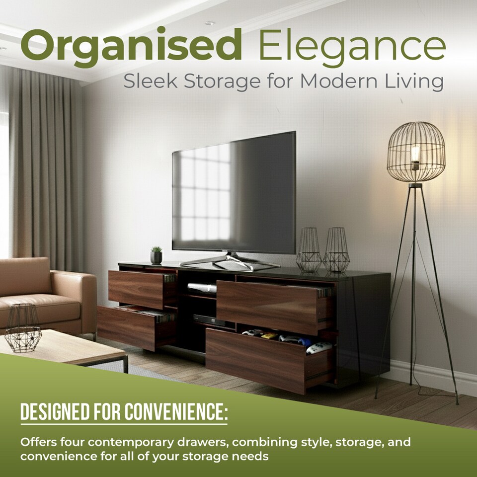 image 1 of Centurion Supports Avitus Gloss Black with 4-Walnut Drawers and 3-Shelf 32"-65" LED/LCD/Plasma TV Stand | Black | 1
