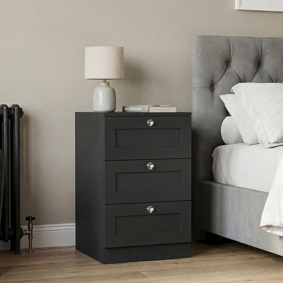 image 1 of Vida Designs Altino 4 Piece Bedroom Set (2x 3 Drawer Bedside, 5 Drawer Chest, 3 Door 2 Drawer Wardrobe), Black