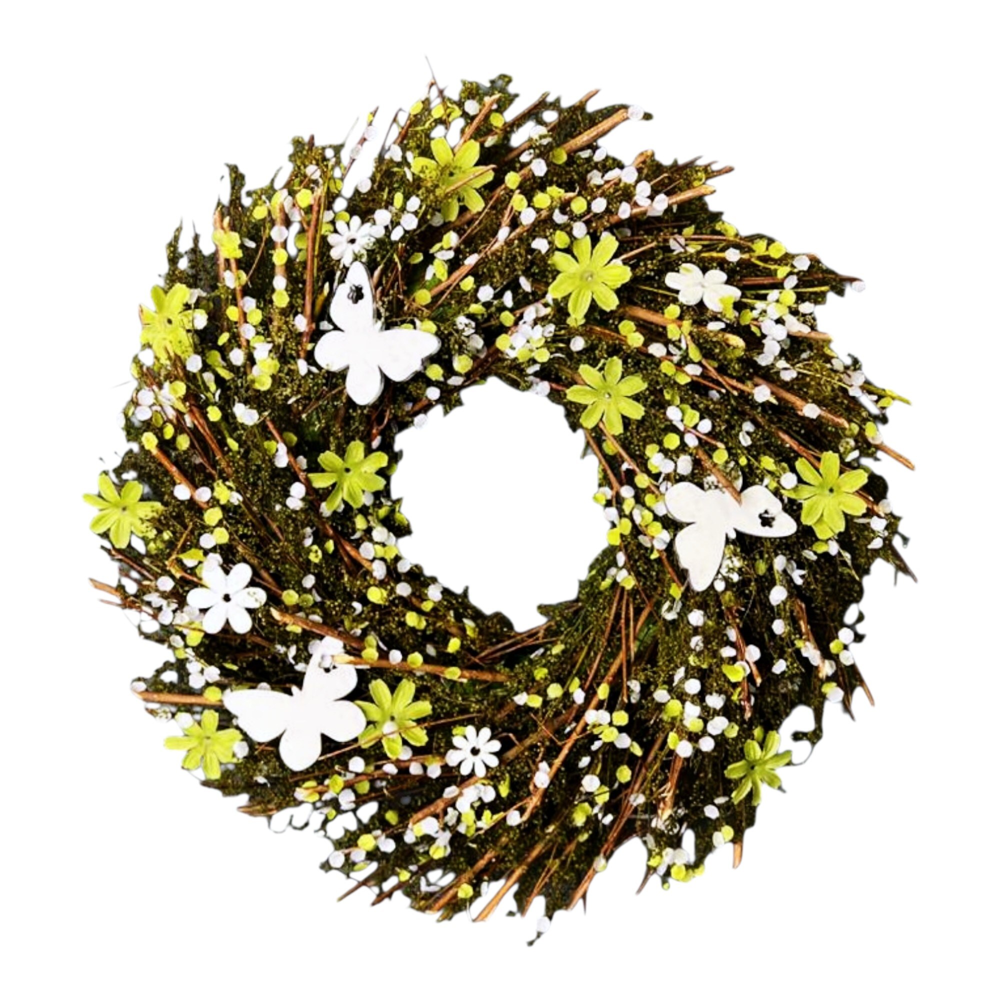 Four Candle Twig Flower & Butterfly Decorative Wreath - 36cm