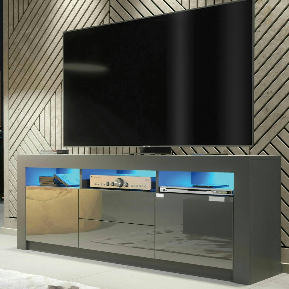 image 1 of TV Unit 160cm Grey Gloss Doors & Drawers Grey Matt Body Free LED Grey