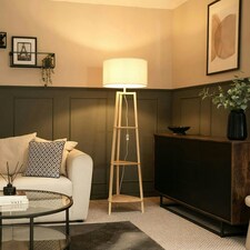 ValueLights Hiru Wooden 3 Tier Shelf Floor Lamp Cream Shade & Bulb Cream