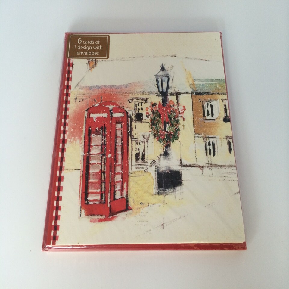 image 1 of Pack of 6 'Red Telephone & Lanterns' Design Christmas Greeting Cards