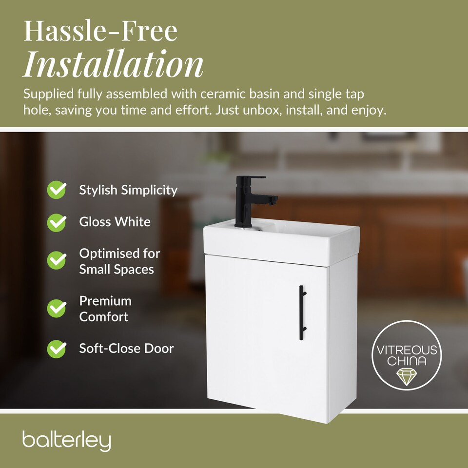 image 1 of Balterley Floor Standing Vanity Basin 400mm Gloss White & Matt Black Handle