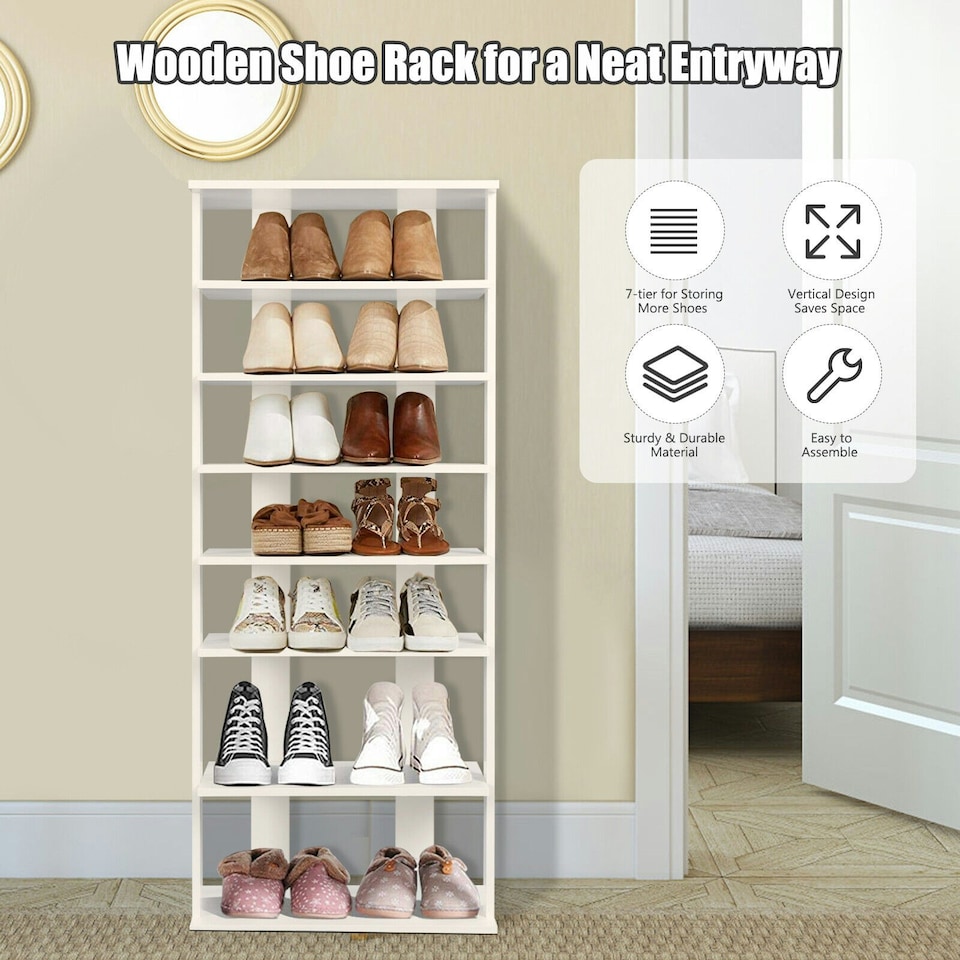 image 1 of COSTWAY 7-tier Double Shoe Storage Tower Rack Stand White White